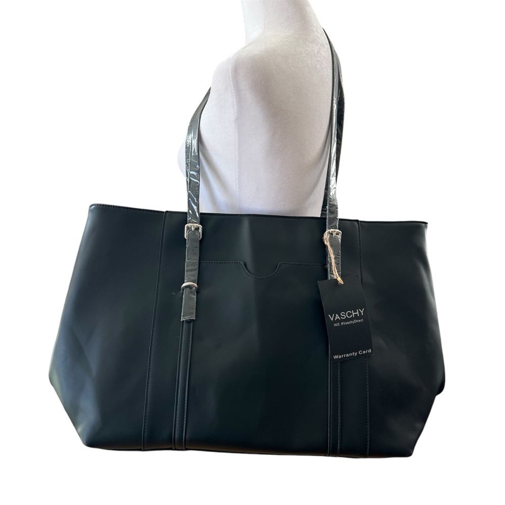 Laptop Tote Bag PU Leather Black Water Resistant For Work Teacher Travel